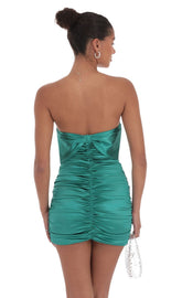 Satin Ruched Back Bow Dress in Jungle Green